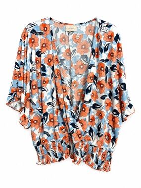 Melloday Blue & Orange Floral Smock Wrap Top